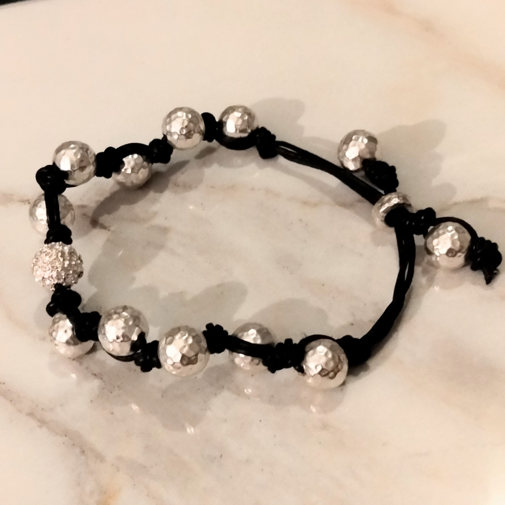 Silver Hammered Bead Bracelet On Black Leather Cord Y2k vintage